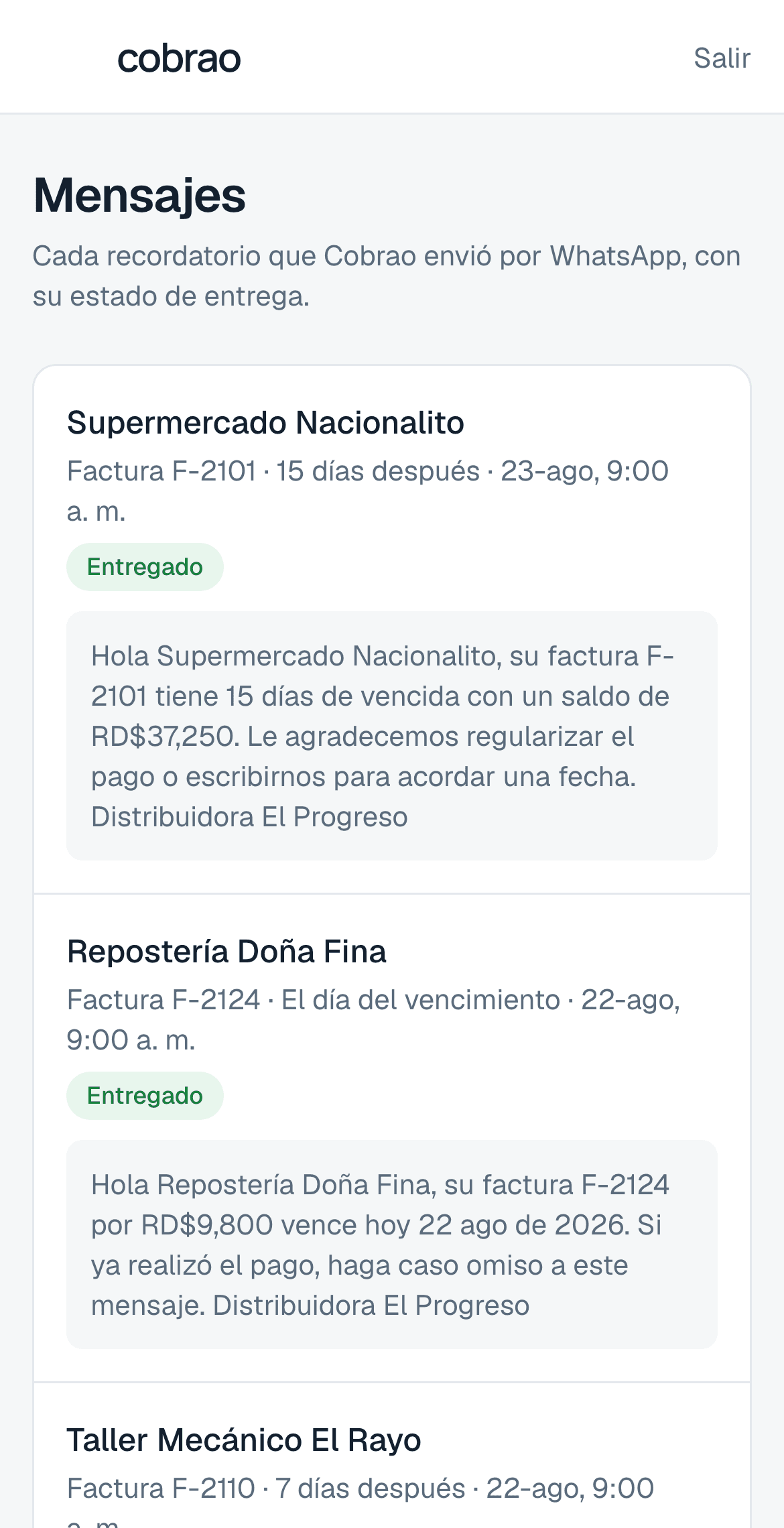 Pantalla de mensajes de Cobrao en el celular: recordatorios enviados a cada cliente, con la hora y el estado de entrega.